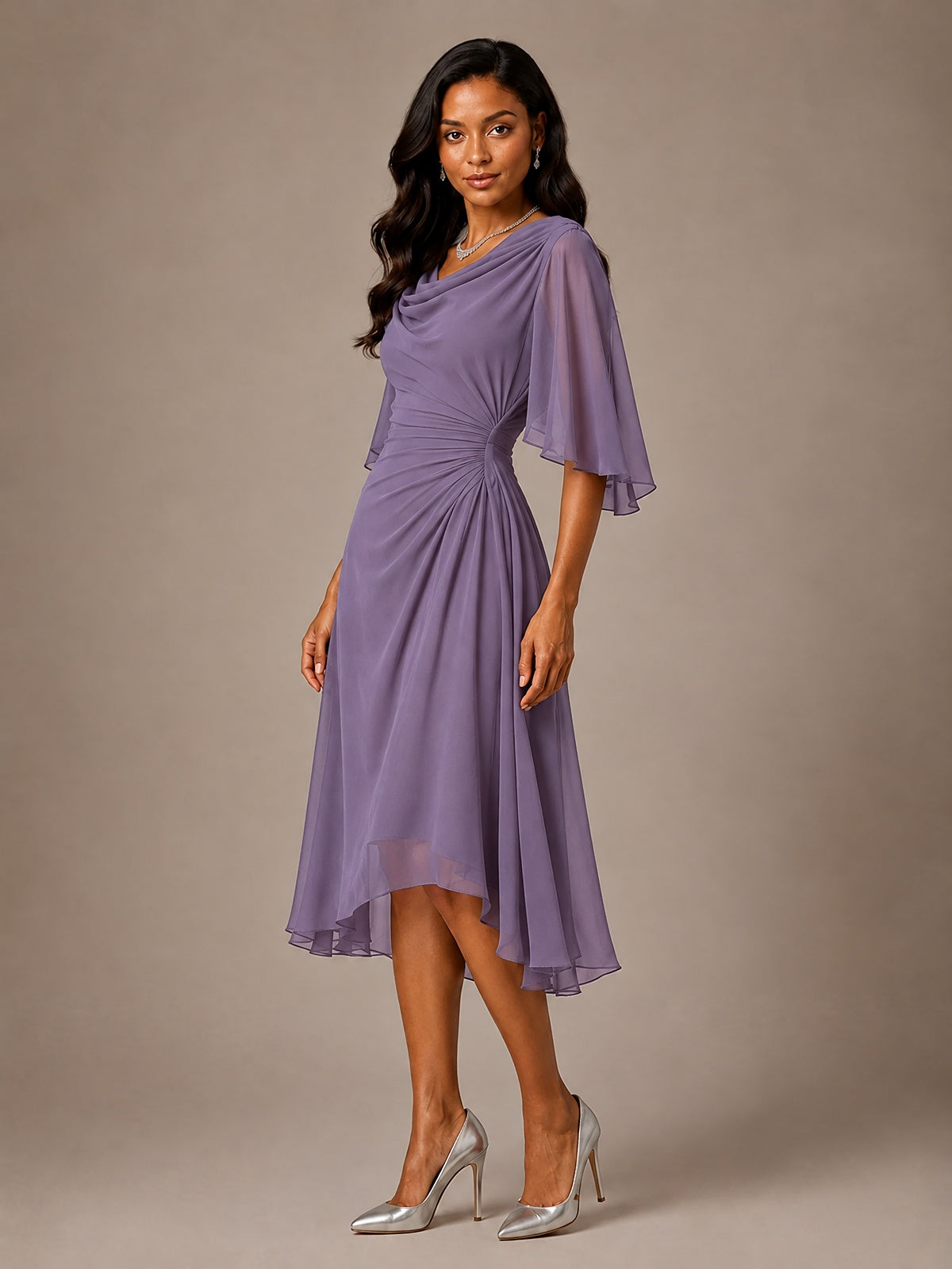 Cowl Neck Ruched Chiffon Mother of the Bride Dresses with Flutter Sleeves