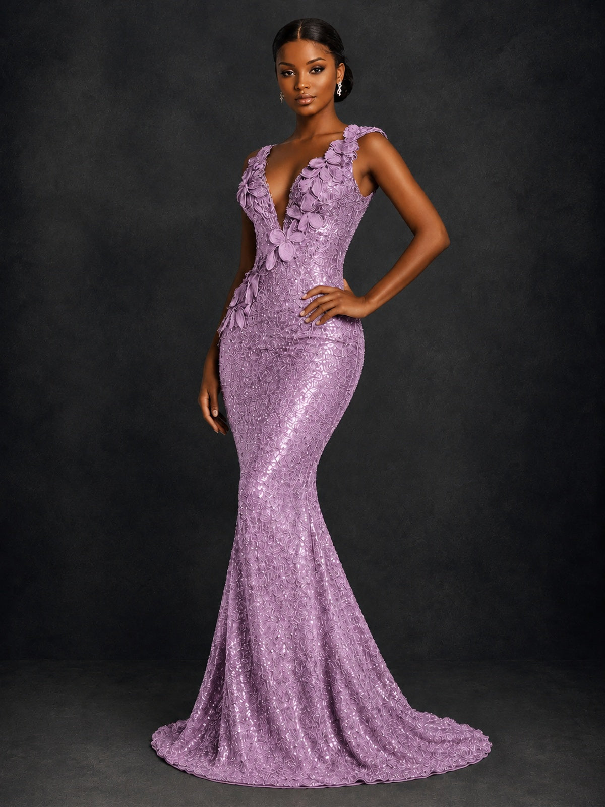 Gold Sequin Floral Applique Mermaid Prom Dress