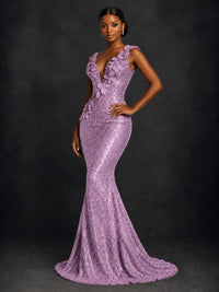 Gold Sequin Floral Applique Mermaid Prom Dress