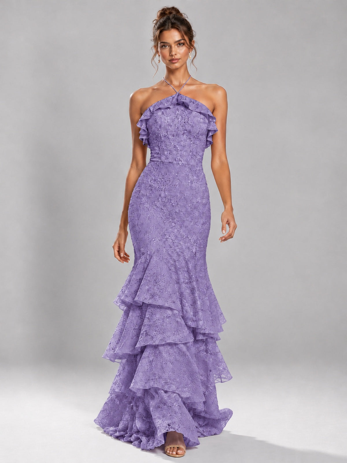 Halter Tiered Mermaid Prom Dress with Sparkly Lace