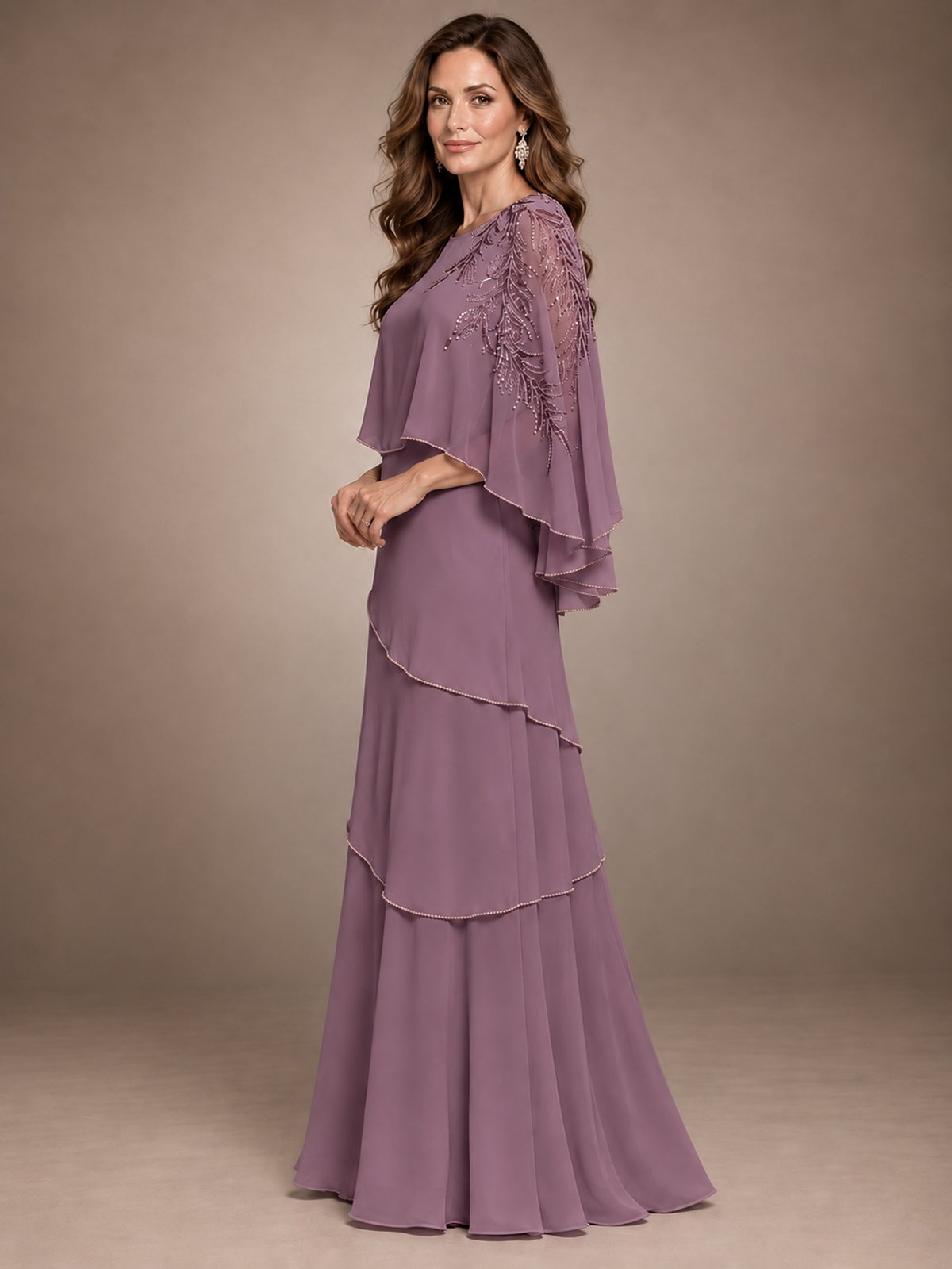 Elegant Chiffon Cape Sleeve Beaded Mother of the Bride Dress