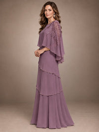 Elegant Chiffon Cape Sleeve Beaded Mother of the Bride Dress