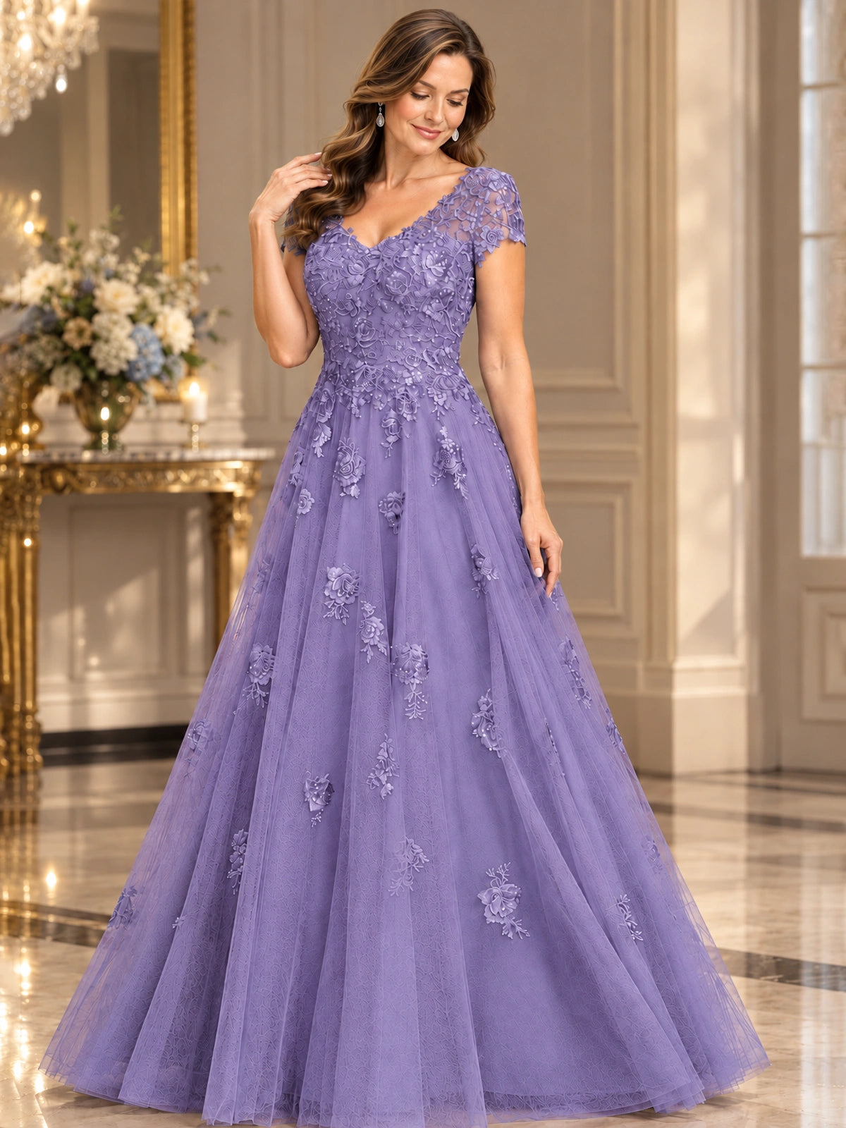 Lace Appliques A-line Mother of The Bride Dresses with Short Sleeves