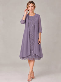 Tea Length Sequin Lace Mother of The Bride Dress with Chiffon Jacket