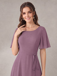 Scoop Neck A-line Chiffon Bridesmaid Dress with Flutter Sleeve & Belt