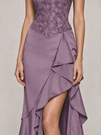 Strapless Lace Appliques Corset Satin Prom Dress Ruffle Slit Evening Gown
