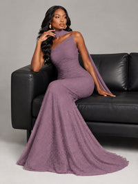 Pleated Chiffon Lace Prom Dresses Long Bodycon Mermaid with Scarf