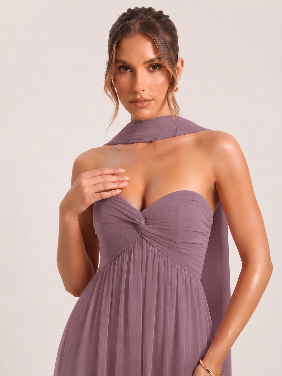 Strapless Ruched Chiffon Long Prom Dress with Scarf