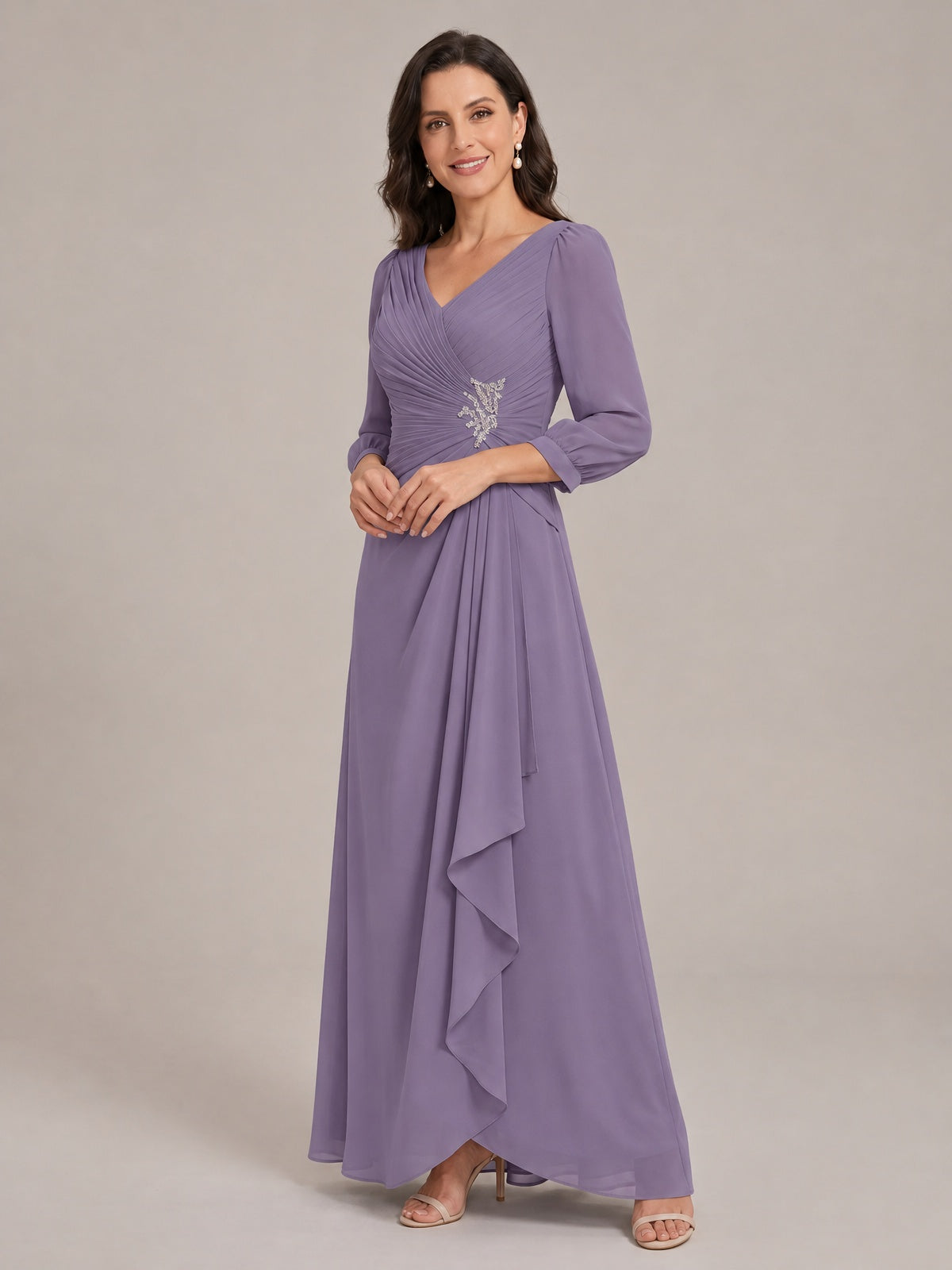 V-Neck Pleated Chiffon Mother of the Bride Dress with Flutter Sleeves