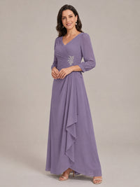 V-Neck Pleated Chiffon Mother of the Bride Dress with Flutter Sleeves