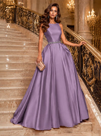 Satin A-Line Prom Dress Sleeveless Beaded Waist Formal Gown with Pockets