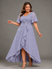 Jacquard Chiffon A-Line V-Neck High-Low Mother of the Bride Dress