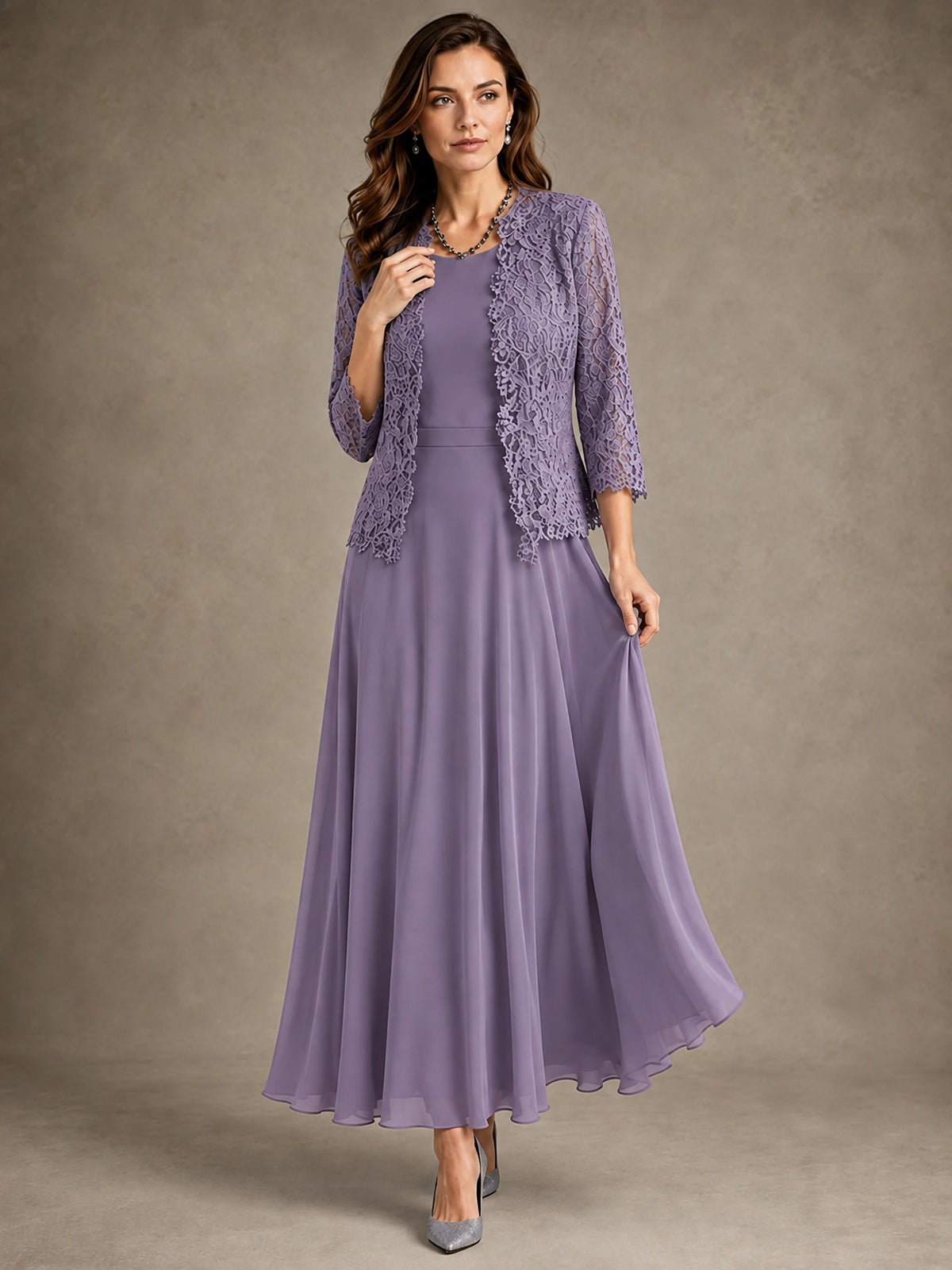 2-Piece Chiffon Mother of the Bride Dress with Lace Jacket