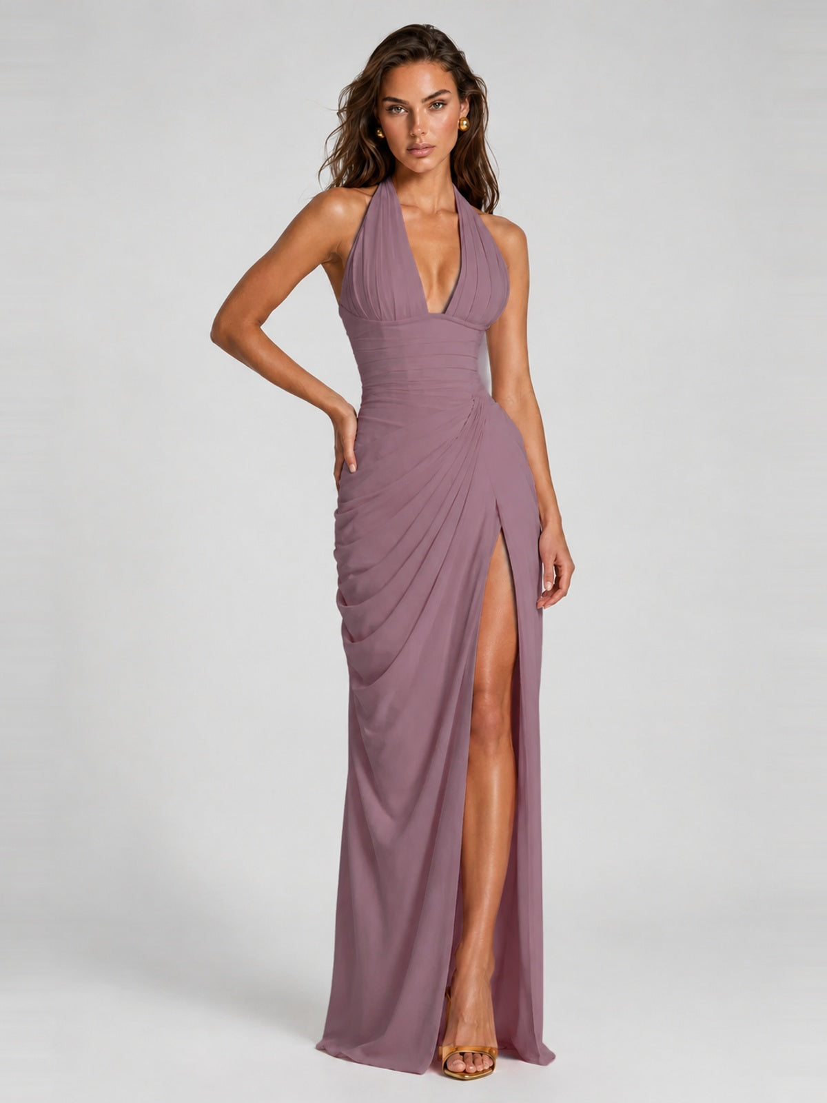 Ruched Halter Neck High-Slit Prom & Evening Dress