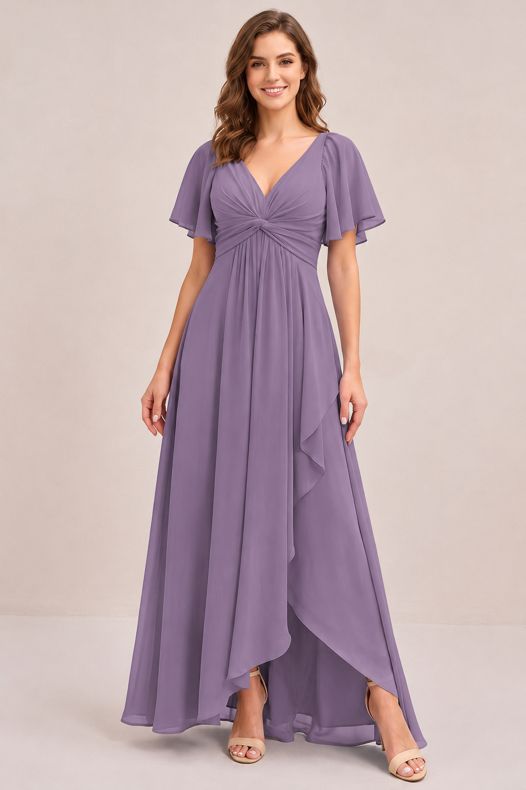 Dusty Blue Chiffon Bridesmaid Dress with Flutter Sleeves & High-Low Hem
