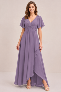 Dusty Blue Chiffon Bridesmaid Dress with Flutter Sleeves & High-Low Hem