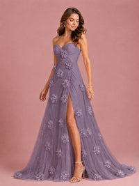 3D Floral Applique Strapless Tulle Prom Dress with High Slit