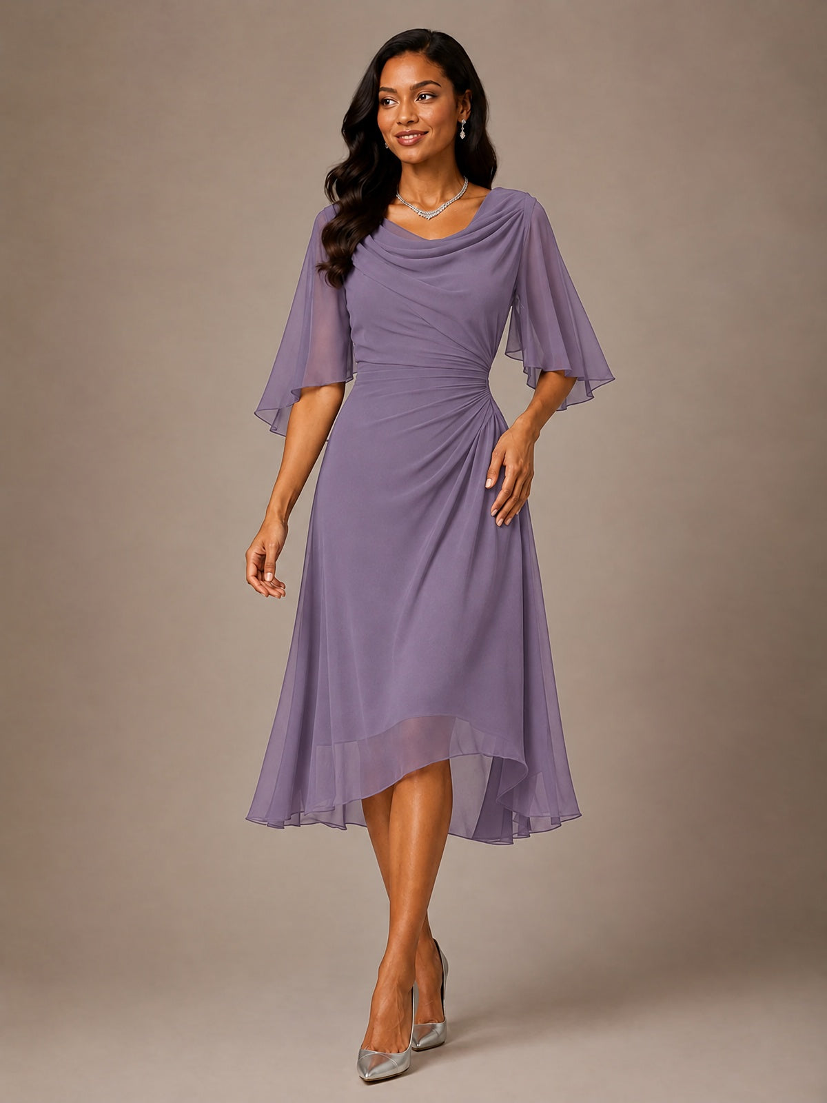 Cowl Neck Ruched Chiffon Mother of the Bride Dresses with Flutter Sleeves