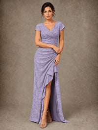 V-Neck Floral Jacquard Mother of the Bride Dress with Slit
