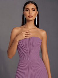 Strapless A-line Long Pleated Satin Prom Dress