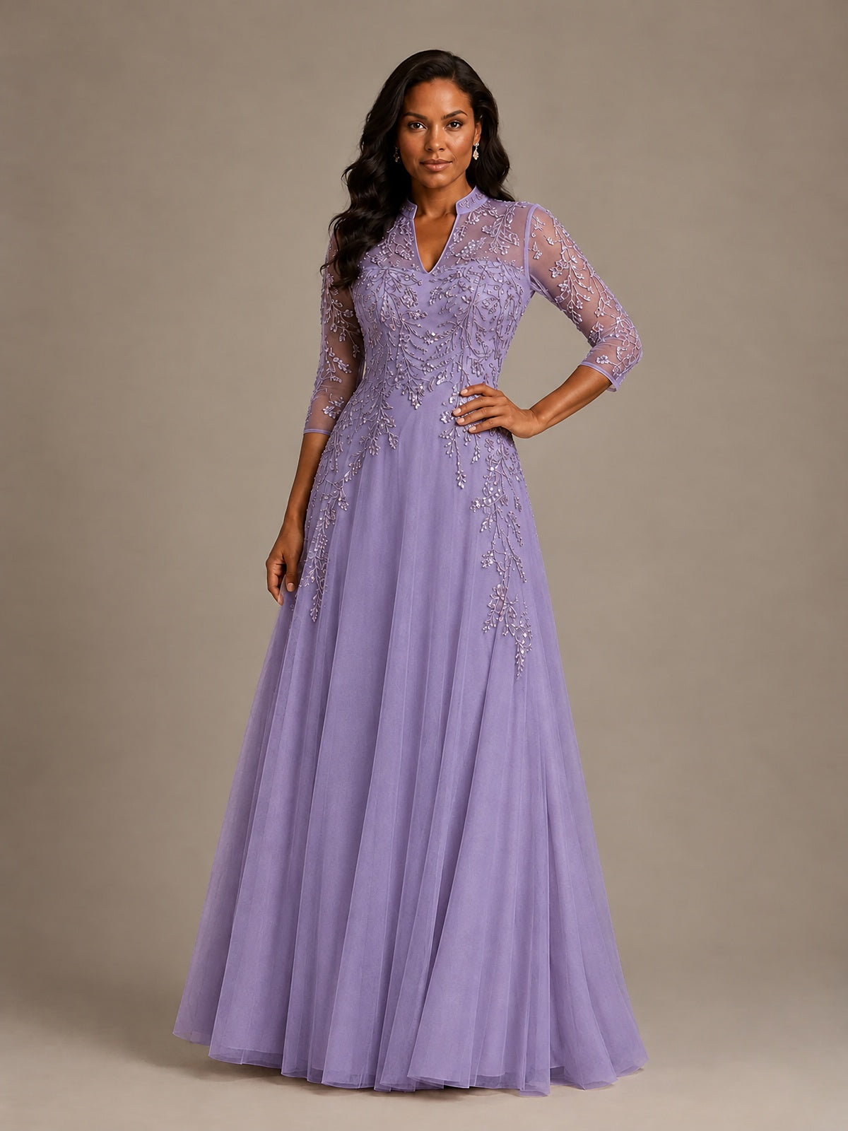 Embellished Appliques Mother of the Bride Dress with 3/4 Sleeves