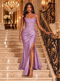 Scoop Neck Sequin Prom Dress with High Slit Satin Formal Gowns