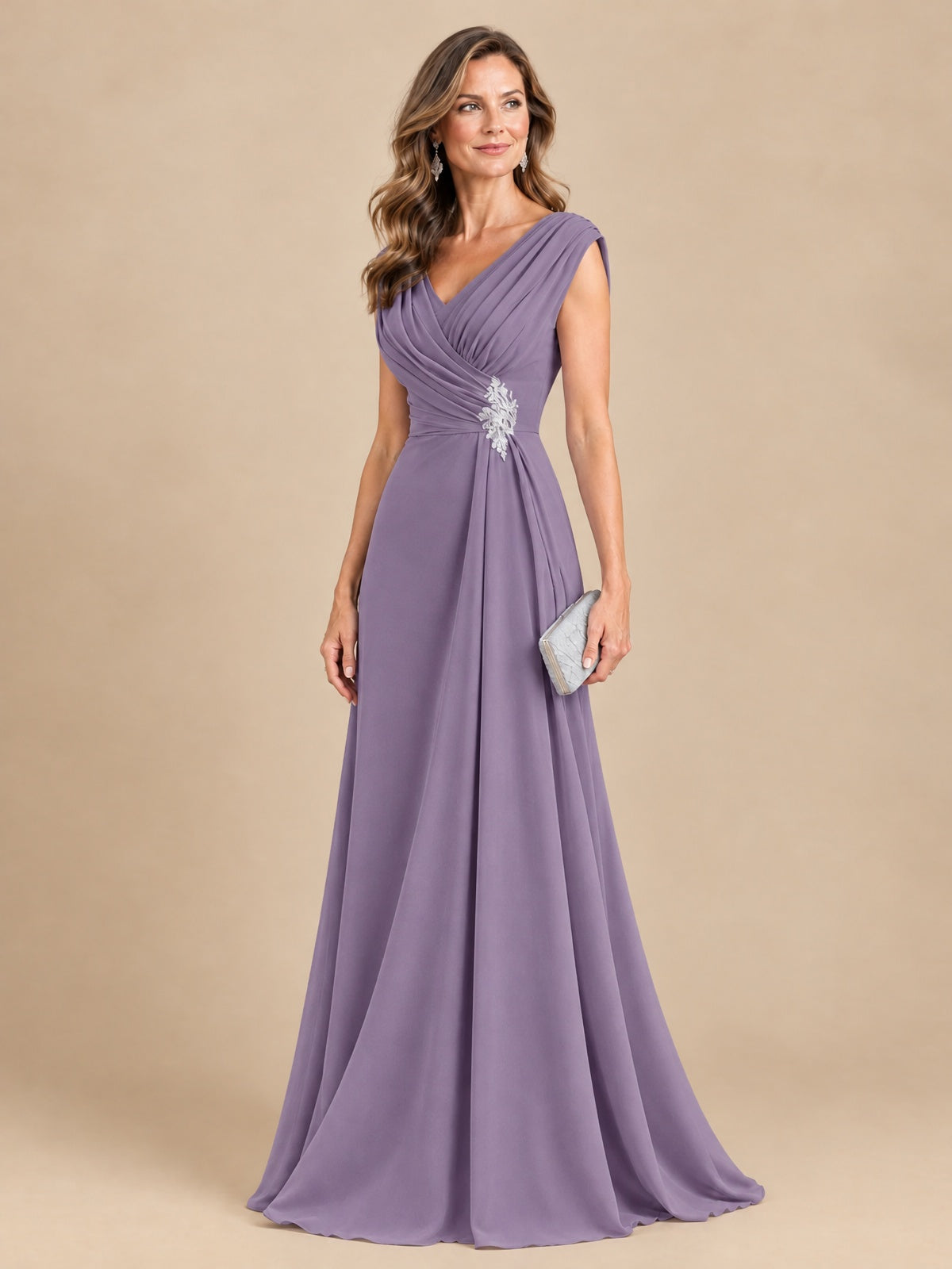 V Neck Pleated Mother of The Bride Dresses with Beading Cap Sleeves