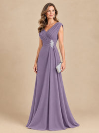 V Neck Pleated Mother of The Bride Dresses with Beading Cap Sleeves