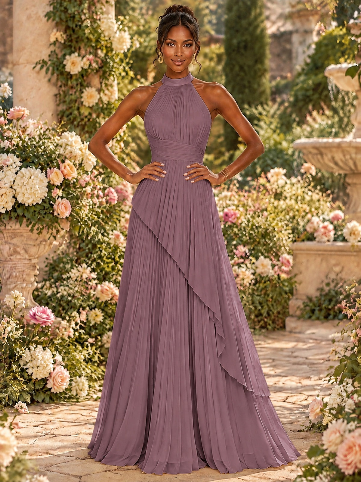 Wrap Pleated Prom Dress Halter A-line Chiffon Formal Wedding Dress