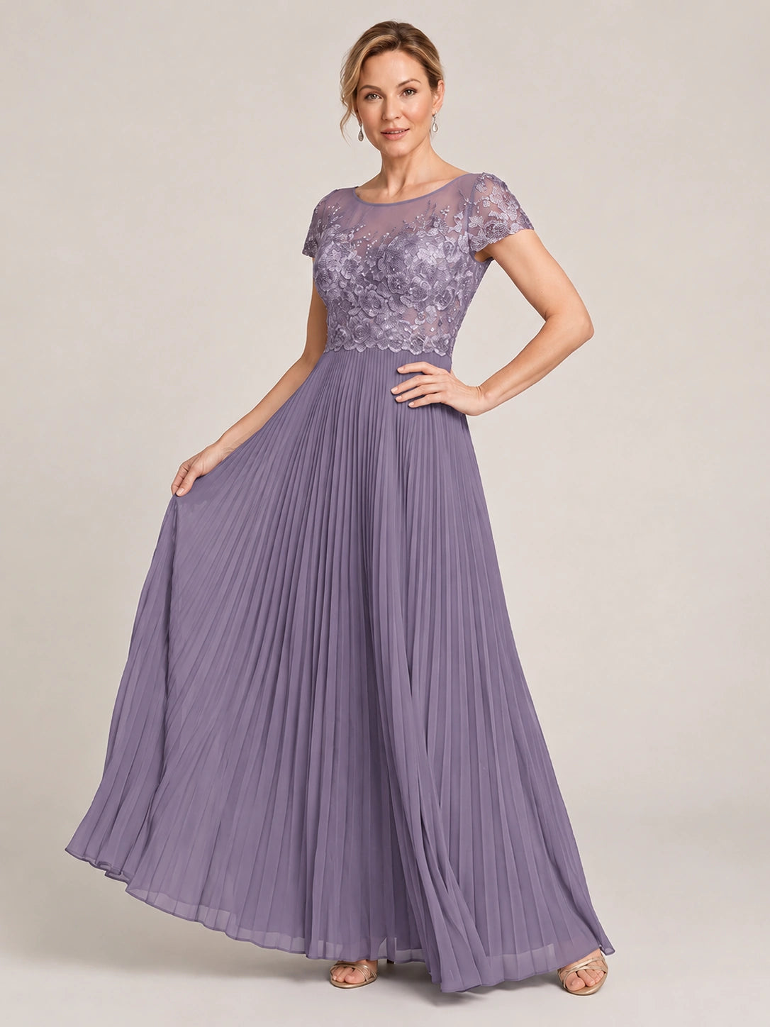 Embroidered Lace Pleated Mother of the Bride Dress