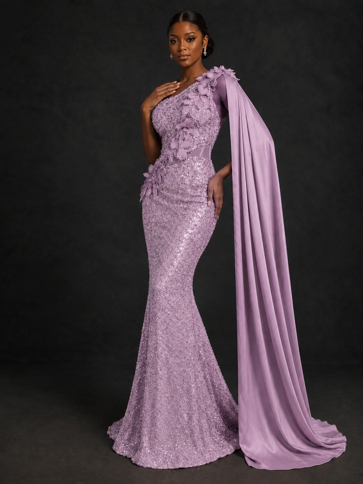 Gold Sequin One Shoulder Mermaid Prom Dress with Cape