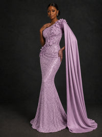 Gold Sequin One Shoulder Mermaid Prom Dress with Cape
