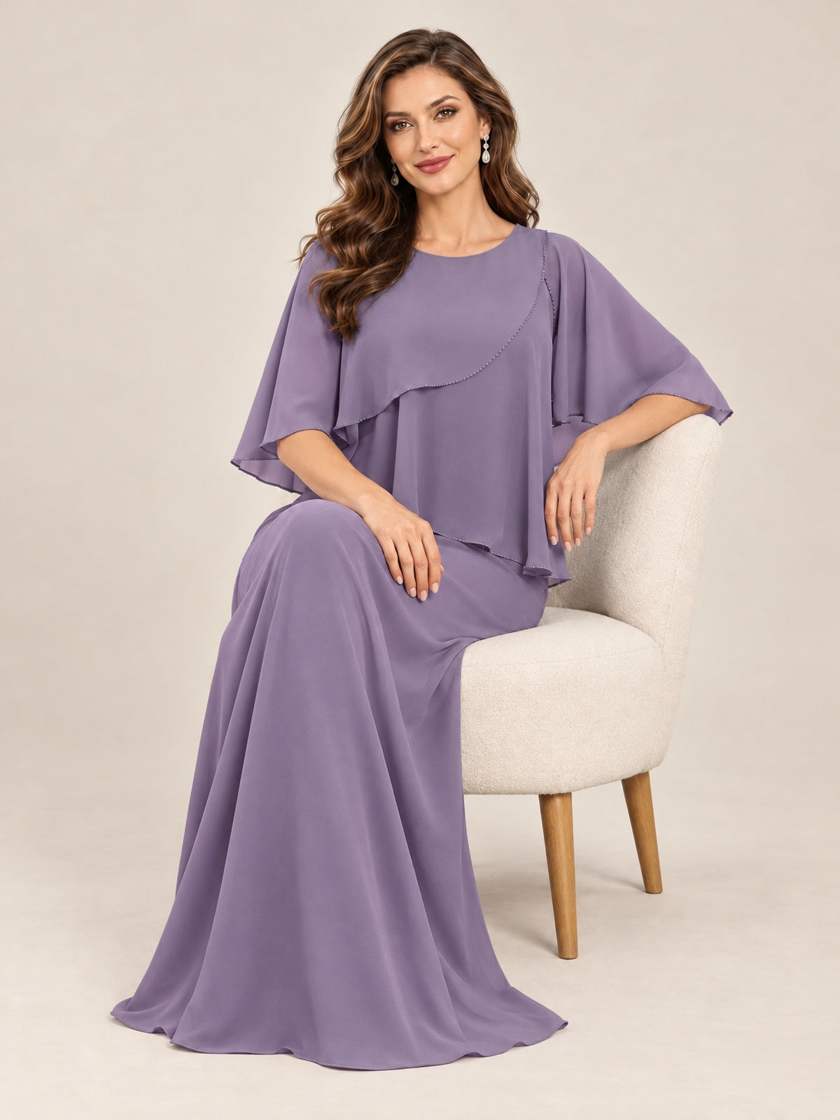 Cape Sleeve Mother of the Bride Dress with Asymmetrical Overlay