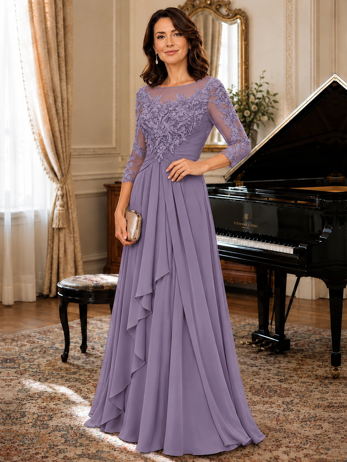A-Line Chiffon Mother of the Bride Dress with Floral Applique 3/4 Sleeves