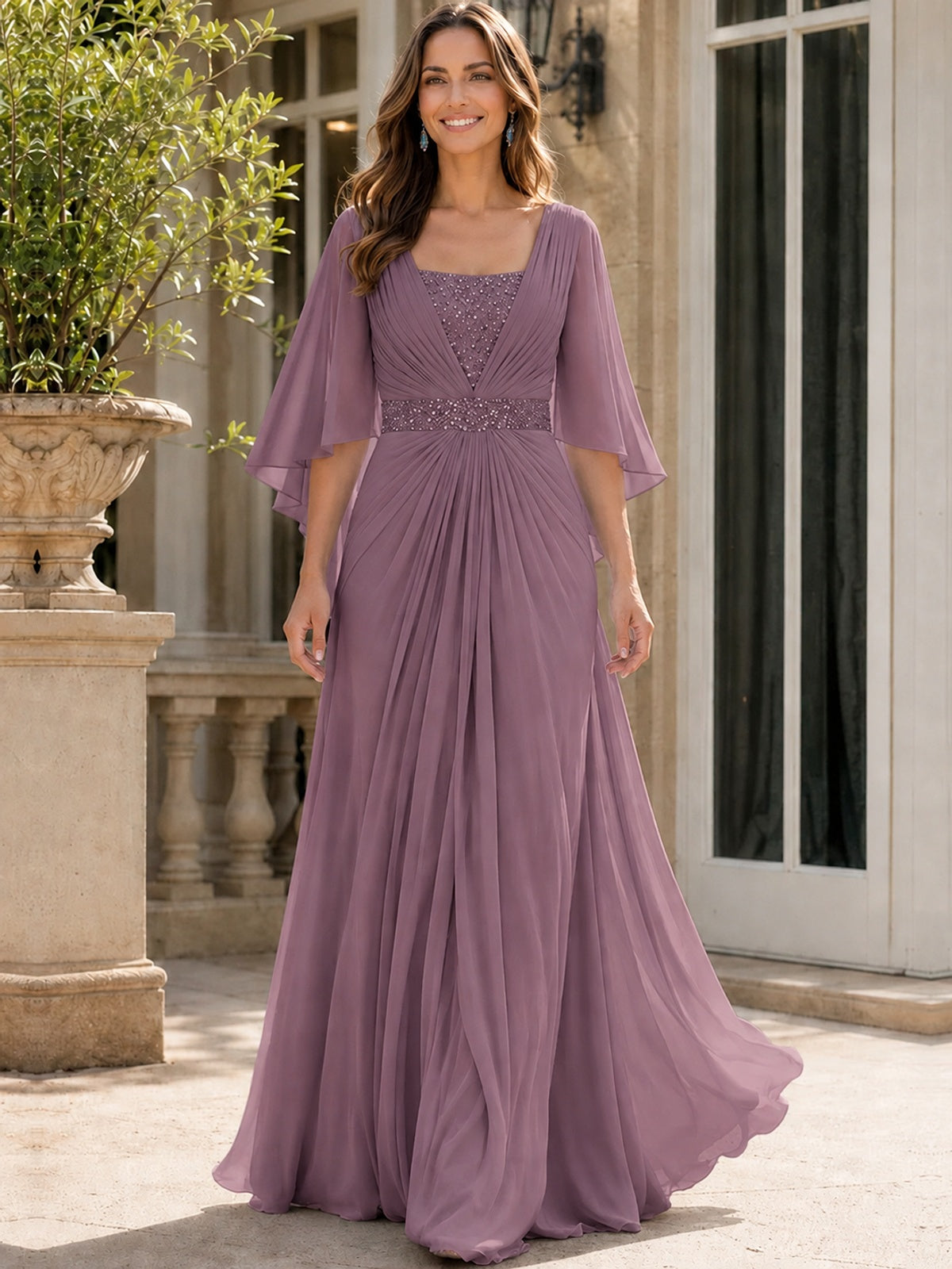 Elegant V-Neck Sequined Chiffon Mother of the Bride Dress with Flutter Sleeves