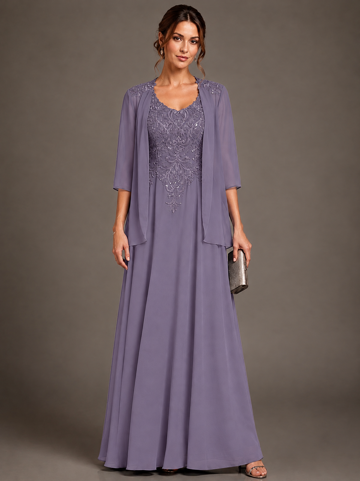 A-line 2 Pieces Chiffon Appliques Mother of The Bride Dresses with Jackets