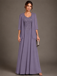 A-line 2 Pieces Chiffon Appliques Mother of The Bride Dresses with Jackets