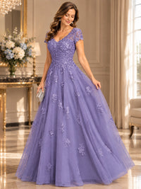 Lace Appliques A-line Mother of The Bride Dresses with Short Sleeves