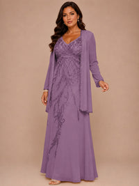 Champagne Beaded Chiffon Mother of the Bride Dress with Jacket V-Neck Gown