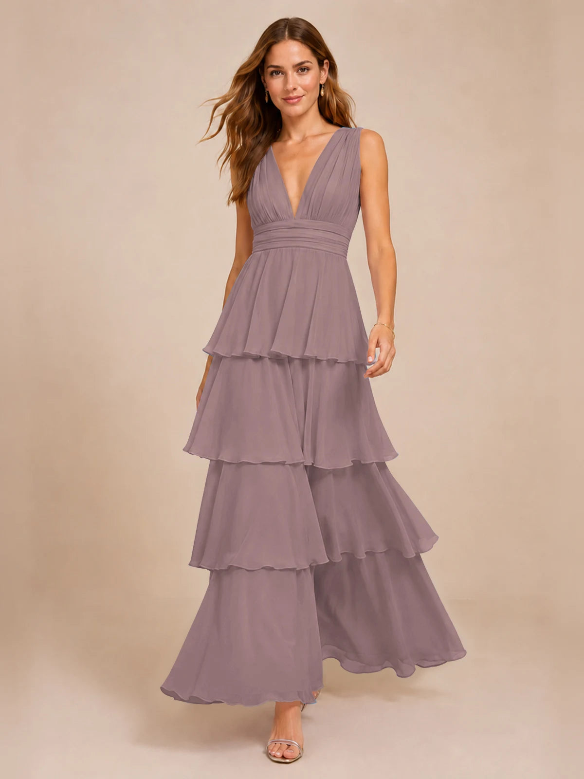 Elegant Deep V Neck Chiffon Bridesmaid Dress with Tiered Ruffles