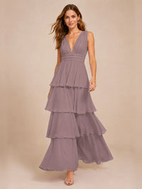 Elegant Deep V Neck Chiffon Bridesmaid Dress with Tiered Ruffles