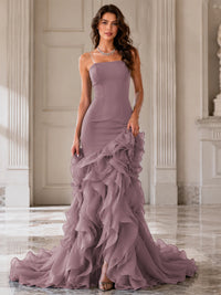 Mermaid Formal Evening Dress with Layered Ruffle Train