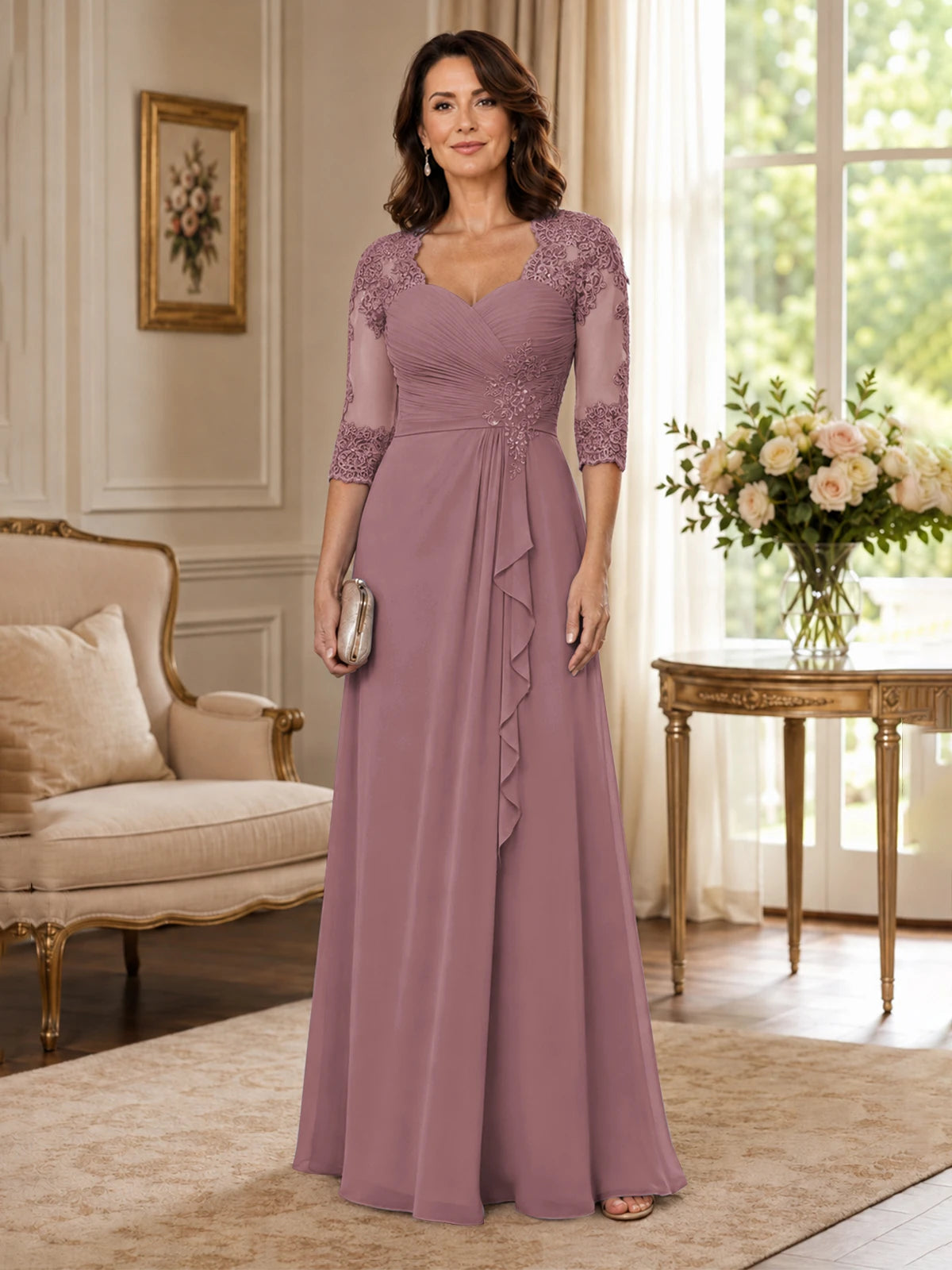 Chiffon Lace Applique Mother of the Bride Dress with 3/4 Sleeves