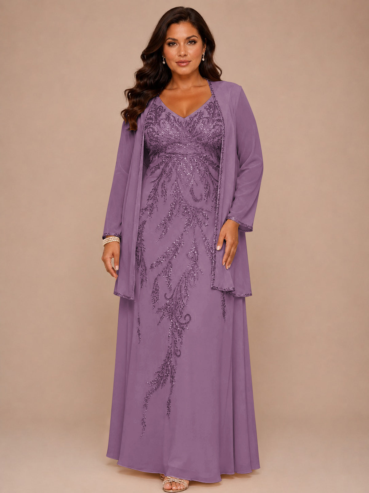 Champagne Beaded Chiffon Mother of the Bride Dress with Jacket V-Neck Gown