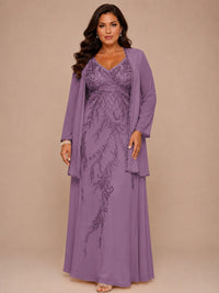 Champagne Beaded Chiffon Mother of the Bride Dress with Jacket V-Neck Gown