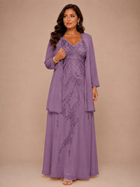 Champagne Beaded Chiffon Mother of the Bride Dress with Jacket V-Neck Gown