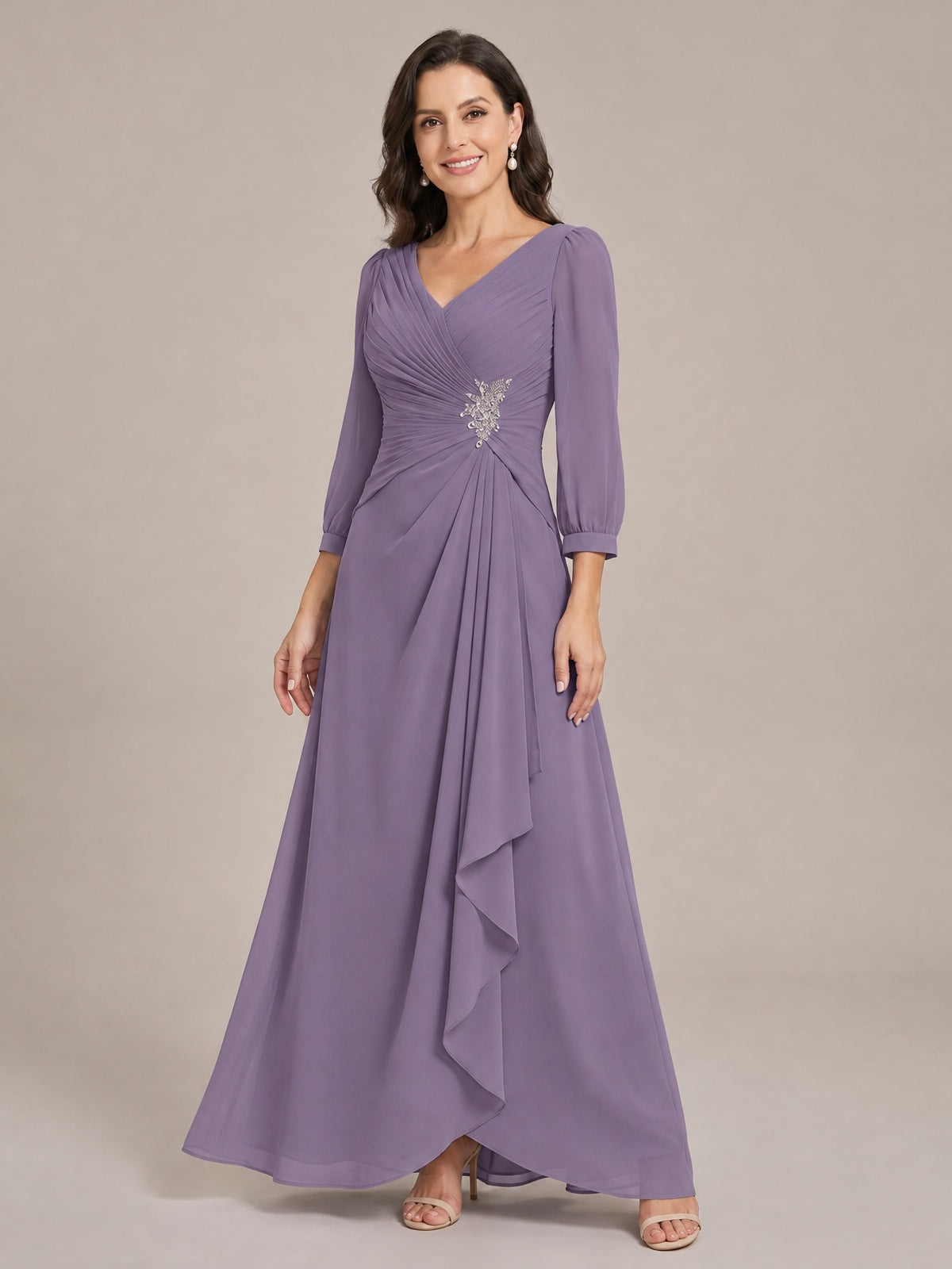 V-Neck Pleated Chiffon Mother of the Bride Dress with Flutter Sleeves