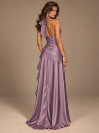 Burgundy Halter Deep V-Neck Ruched High Slit Ruffle Prom Dress