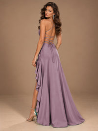 Burgundy Spaghetti Strap Ruched Prom Dress with Ruffled High Slit