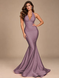 Pink Halter Deep V-Neck Ruched Mermaid Prom Dress